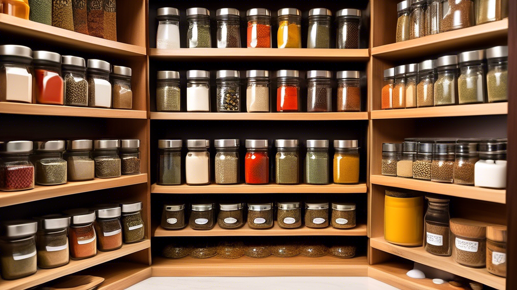 Create an image of a neatly organized spice collection on a lazy Susan, showcasing 5 different creative arrangements or storage solutions for spices. Each section should demonstrate a unique way to utilize the lazy Susan for spice organization, such 