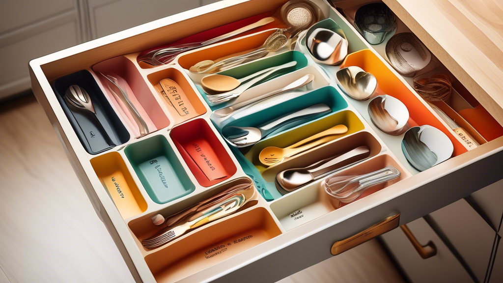 Create an image of a kitchen drawer filled with various custom compartments designed to store different types of utensils, showcasing a personalized and organized storage solution. The compartments can be labeled with fun and stylish labels, such as 