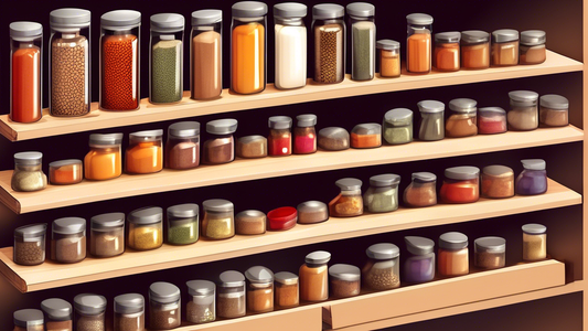Create an image of a kitchen cabinet filled with pull-out shelves neatly organized with a variety of spices arranged in a systematic and efficient way. Each spice container should be easily accessible and labeled, showcasing a perfect example of effi