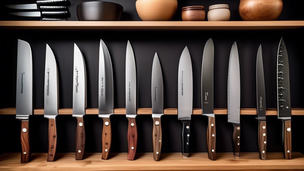 Create an image of a beautifully organized knife collection on a shelf, showcasing different types of knives neatly arranged in an aesthetically pleasing and practical manner. Include various sizes and styles of knives displayed on the shelf, with la