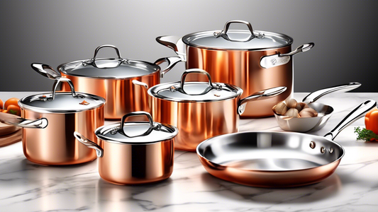 Create an image of a beautiful stainless steel cookware set with copper bottoms displayed on a kitchen counter. The set should include a variety of pots and pans in different sizes, all with shiny stainless steel exteriors and sleek copper bottoms. E