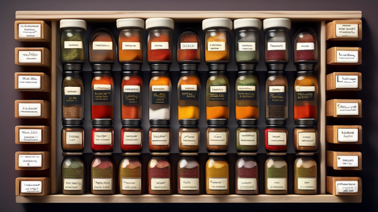 Create an image of a neatly organized spice drawer with a compact and efficient solution, showcasing various spices clearly labeled and easily accessible in a small space.