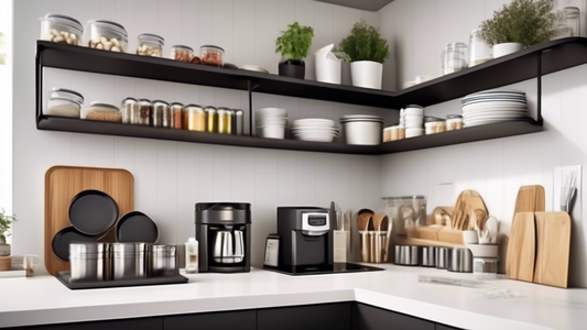 Create an image of a modern kitchen with a sleek, organized design featuring innovative space-saving storage containers. Show a variety of containers of different shapes and sizes, neatly arranged on shelves and countertops, showcasing their versatil