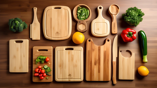 Create an image of a variety of cutting boards in a well-organized kitchen setting, showcasing different types of cutting boards such as wood, plastic, and bamboo. The cutting boards should be displayed with various fruits, vegetables, and kitchen ut
