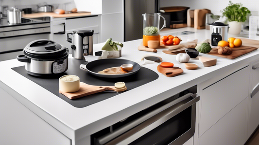 Create an image of a modern kitchen countertop filled with the top 7 low-maintenance kitchen tools for easy cooking. Display items such as a multi-functional Instant Pot, non-stick bakeware, a sharp and durable chef's knife, a high-quality blender, a
