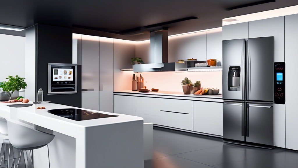 Create an image of a futuristic kitchen scene featuring the top smart kitchen gadgets for modern chefs, such as a smart refrigerator, robotic chef's assistant, voice-controlled oven, and a touch screen countertop displaying recipes and cooking tips. 