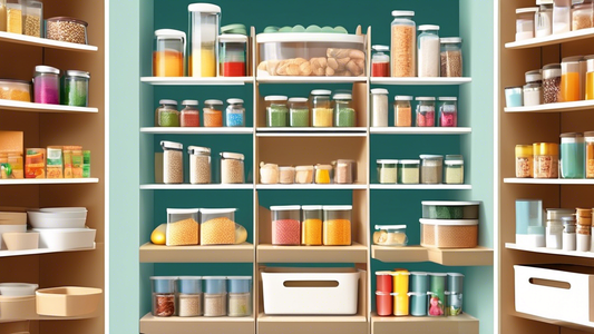 Create an image of a well-organized pantry showcasing the best adjustable shelf organizers in action. Show different shelf organizers in use, highlighting their versatility and effectiveness in keeping pantry items tidy and easily accessible. Visuali