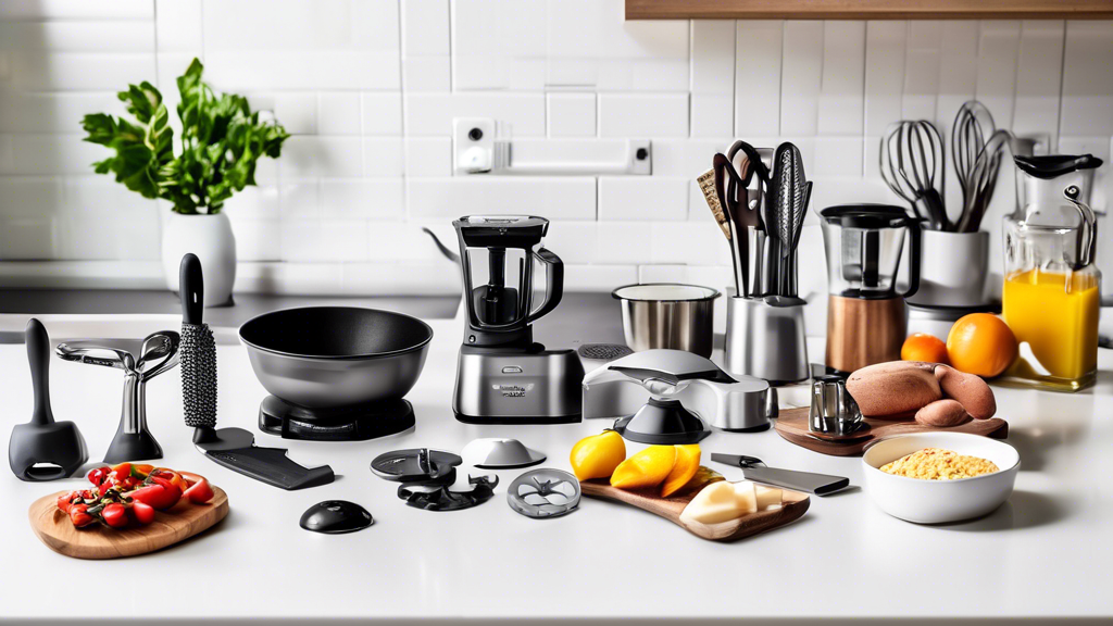 Create an image of a well-organized kitchen counter showcasing the top 10 must-have kitchen gadgets for home chefs. Include items such as a high-quality chef's knife, a cutting board, a cast iron skillet, an immersion blender, a food processor, a sta