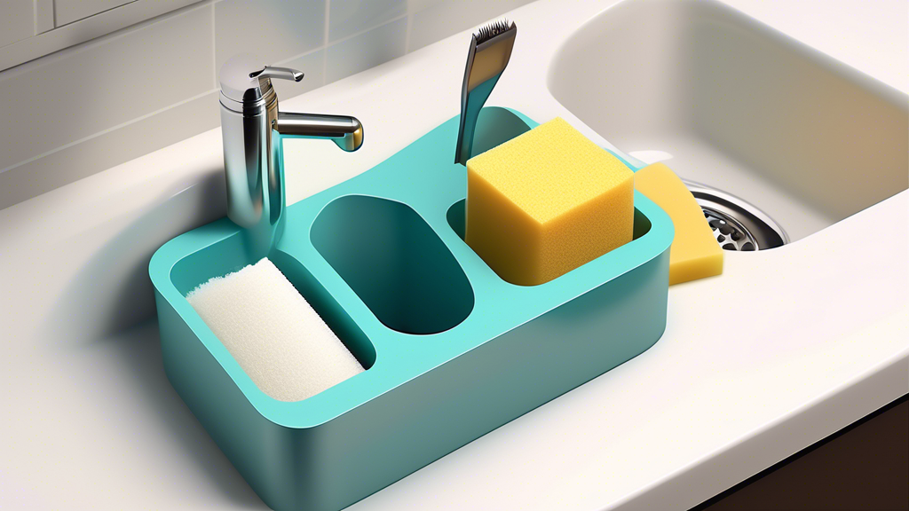 Create an image of a modern and sleek corner sink caddy designed to hold sponges and keep them organized. The caddy should be mounted neatly in the corner of a clean and tidy kitchen sink, showcasing the convenience and efficiency of using a corner s