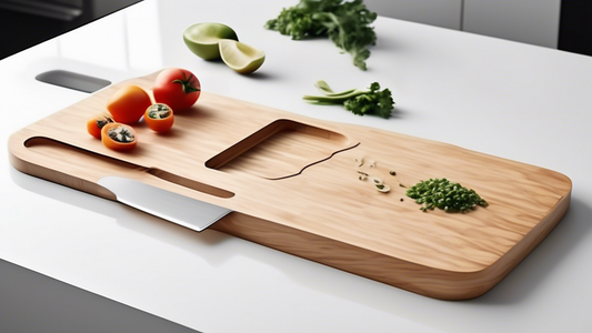 Create an image of a sleek, modern cutting board with hidden storage compartments cleverly integrated into the design. The compartments should be seamlessly integrated into the board, showcasing innovative and space-saving storage solutions that user