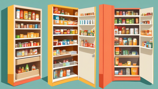 Create an image of a pantry door with adjustable shelves filled with various food items such as cans, jars, and boxes. Show the shelves being easily adjustable to accommodate different heights and sizes of items, maximizing storage space and organiza