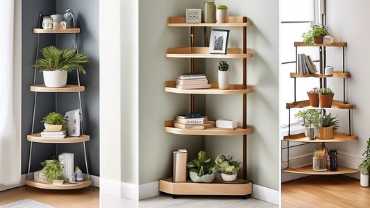 Create an image of a stylish and organized corner of a room featuring different tiered corner shelf organizer ideas. Show various types of shelves such as wooden, metal, and glass, each elegantly displaying items like books, plants, decor pieces, and