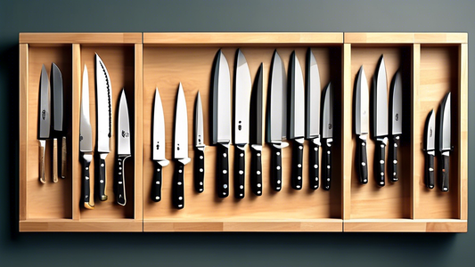 Create an image of a well-organized, stylish kitchen knife storage system that showcases different methods such as magnetic knife strips, knife blocks, drawer inserts, and wall-mounted racks. Include various types of kitchen knives displayed neatly i