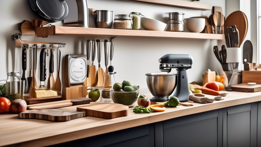 Create an image of a well-organized kitchen countertop filled with must-have kitchen accessories for cooking enthusiasts. Include items such as high-quality knives, a sleek blender, a stylish toaster, a top-of-the-line kitchen scale, and other essent