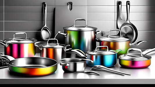 Create an image of a modern, sleek kitchen with a set of shiny stainless steel cookware neatly arranged on a countertop. The cookware should be spotless, reflecting a clean and effortless cooking experience.Include various pots, pans, and utensils to