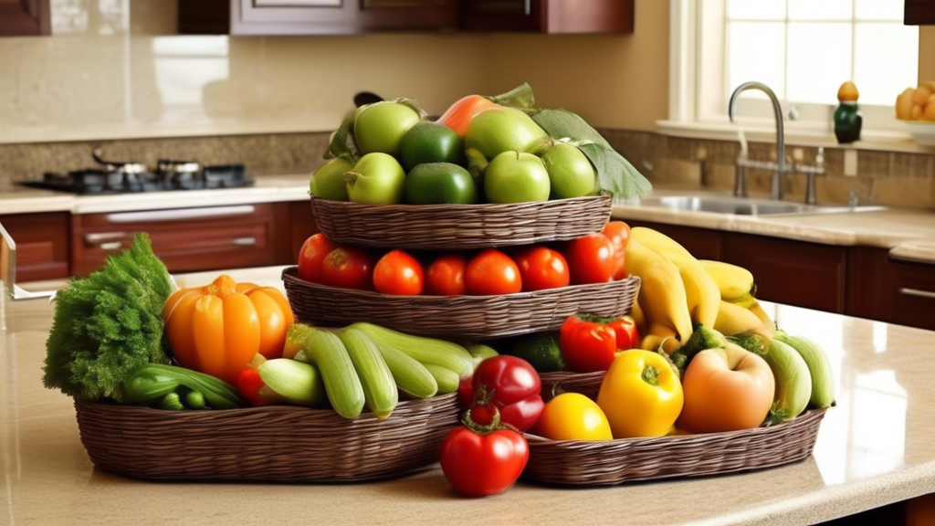 Create an image of a kitchen countertop with a stylish multi-tiered fruit and vegetable basket designed to elegantly organize a variety of fresh produce. The baskets should be packed with colorful fruits like apples, oranges, bananas, and kiwis, as w