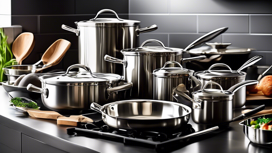 Create an image of a diverse selection of stainless steel cookware items, showcasing different shapes and sizes, lined up neatly on a sleek modern kitchen counter. The cookware should appear shiny and well-maintained, reflecting a sense of quality an