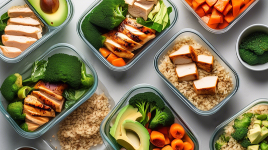 Create an image of various meal prep containers filled with colorful and nutritious dishes such as grilled chicken with quinoa and roasted vegetables, salmon with mixed greens and avocado, and tofu stir-fry with brown rice and steamed broccoli. The c