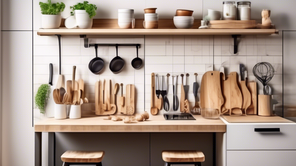 Create an image of a small kitchen with limited storage space, showcasing the top kitchen organizers for efficiently utilizing space and keeping the kitchen clutter-free. Include shelves, racks, magnetic strips, drawer dividers, and other innovative 