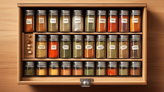 Create an image of a neatly organized spice drawer with various spices neatly labeled and arranged in uniform containers. The labels are easy to read and the drawer is clutter-free, showcasing an efficient and visually appealing organization method.