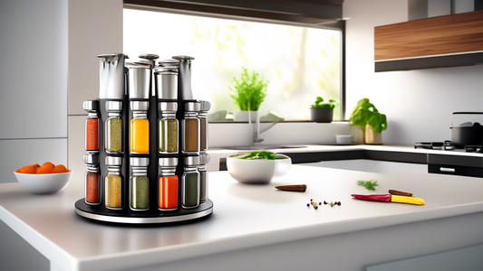 Create an image of a modern kitchen with limited counter space, featuring a sleek and space-saving rotating spice rack filled with various herbs and spices. The spice rack is strategically placed near the stove for easy access while cooking, showcasi