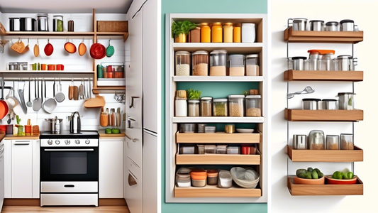 Create an image of a small kitchen with clever storage solutions such as hanging baskets, magnetic knife strips, and foldable shelves to maximize space efficiency and keep everything organized and easily accessible. Include elements like labeled pant