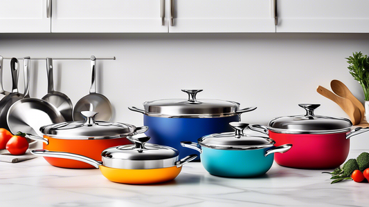 Create an image of a sleek and modern stainless steel cookware set featuring pots and pans with vibrant silicone handles in various colors, arranged neatly on a kitchen countertop. Each piece should be shining and ready to use, showcasing the durabil