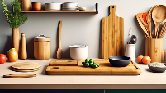 Create an image of a sleek and stylish kitchen counter with a bamboo cutting board neatly placed in the center, surrounded by organized kitchen utensils and ingredients. Show the bamboo cutting board as the focal point, highlighting its practicality 