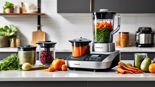 Create an image of a diverse array of versatile kitchen gadgets, such as a multi-function food processor, a powerful immersion blender, a reliable slow cooker, a high-quality spiralizer, and a precise digital kitchen scale, all featured neatly organi