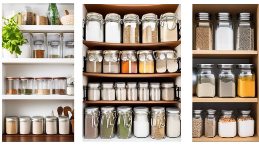 Create an image of a cluttered kitchen transformed into an organized oasis using 10 genius organization hacks. Show before and after shots of the kitchen, highlighting each hack in action, such as labeled jars for spices, a magnetic knife holder, sta