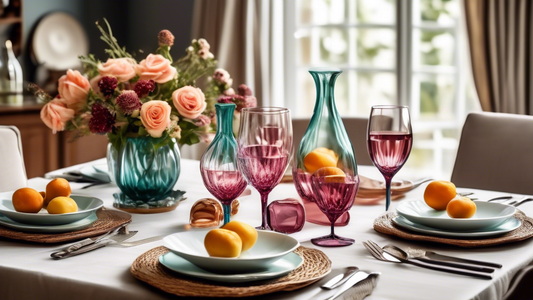 Create an image of a beautifully set dining table with top kitchen accessories for home entertaining. Include elegant dinnerware, stylish glassware, a decorative centerpiece, and other essential items for hosting a dinner party.