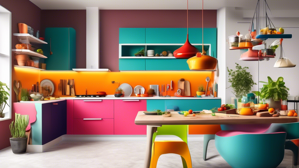 Create an image of a colorful, innovative kitchen filled with adaptable gadgets suitable for imaginative cooking explorations. Show a variety of tools and appliances that can be used in unique ways to enhance the cooking experience and inspire creati