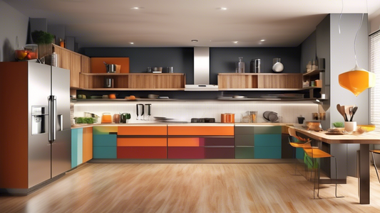 Create an image of a modern modular kitchen with innovative storage solutions such as pull-out drawers, corner shelves, hanging racks, and compartmentalized cabinets to effectively organize kitchen essentials. Make sure the kitchen is stylishly desig