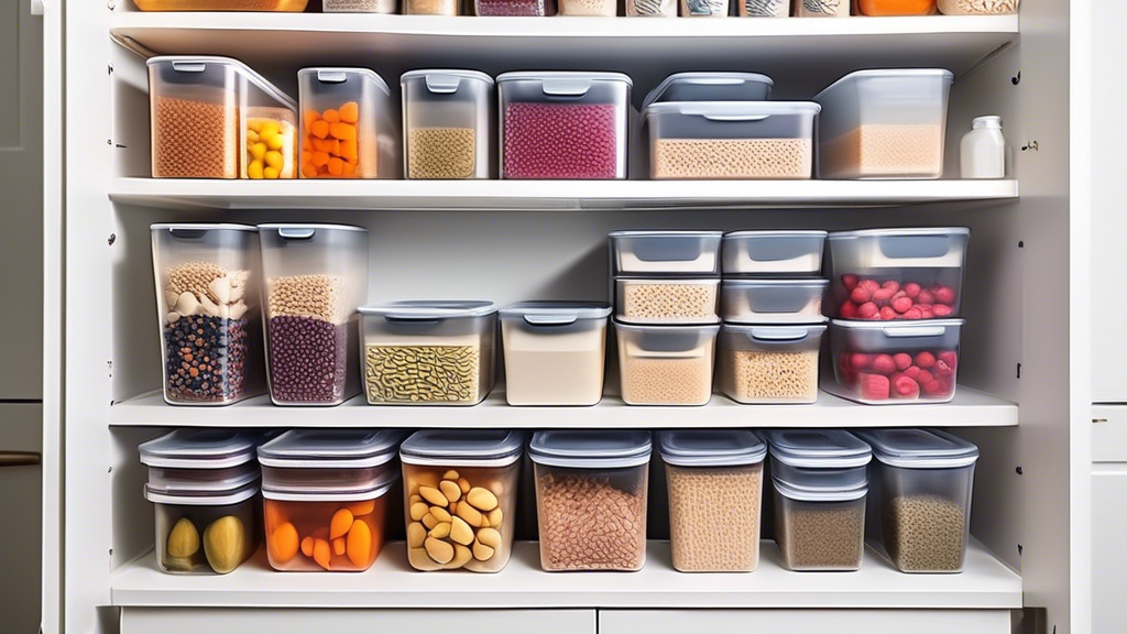 Create an image of a kitchen pantry fully stocked with an assortment of collapsible silicone food storage containers in various sizes and colors, neatly organized on shelves. The containers should be displayed in a way that showcases their collapsibl