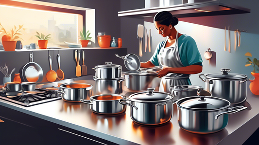 Create an image of a person polishing a stainless steel pot with a soft cloth, surrounded by various stainless steel pots and pans in a clean, organized kitchen setting. Each pot and pan should be sparkling and gleaming to highlight the importance of