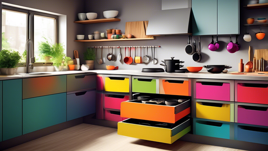 Create an image of a modern kitchen with a clever and efficient storage solution for pots and pans. The image should showcase innovative and space-saving storage options that allow easy access to different sizes of pots and pans while keeping the kit