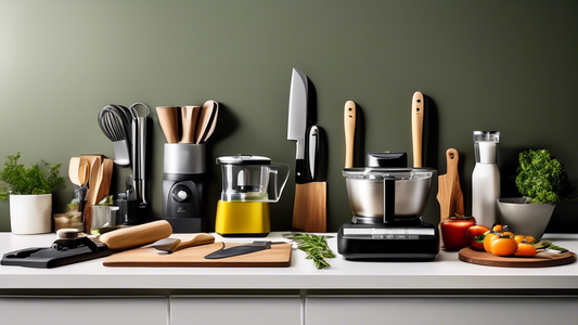 Create an image of a modern, organized kitchen counter with a variety of top kitchen tools neatly arranged, showcasing items like a high-quality chef's knife, non-stick pans, a versatile food processor, a stylish olive oil dispenser, and a sleek blen