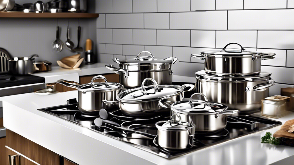 Create an image of a modern, stylish kitchen with an array of stainless steel cookware sets displayed on a countertop. The pots and pans are gleaming and elegantly arranged, showcasing the durability and aesthetic appeal of stainless steel cookware. 