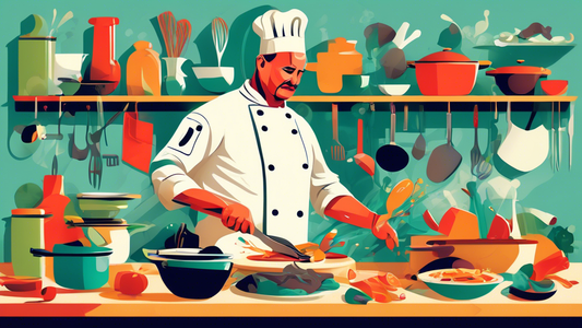 Create an image of a chef effortlessly multitasking in a well-organized kitchen, showcasing various cooking techniques and tools to reflect efficiency and culinary prowess.