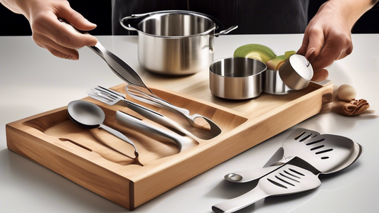 Create an image of a compact kitchen utensil set designed specifically for small spaces. The set should include essential utensils such as a cutting board, knives, spatula, ladle, whisk, and measuring cups, all cleverly designed to be space-saving an