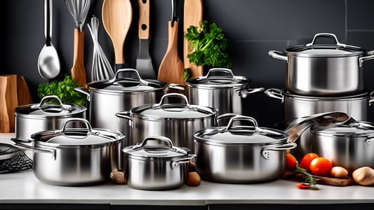 Create an image of a modern, sleek stainless steel cookware set with various pots, pans, and utensils neatly organized on a kitchen counter. Showcase the durability, elegance, and functionality of professional-grade stainless steel cookware.
