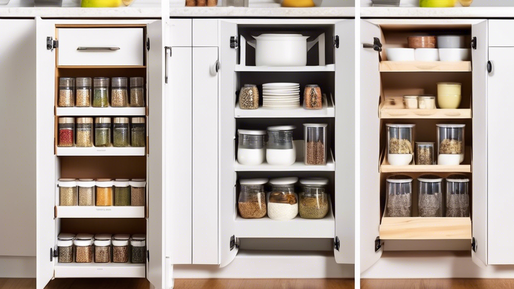 Create an image of a compact, yet stylish shelf organizer designed for small kitchens. The organizer should have multiple tiers or compartments to efficiently store various kitchen items such as spices, utensils, and small appliances. The shelves sho