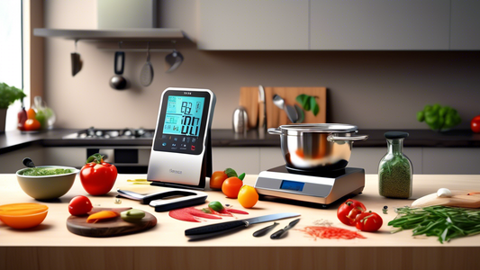 Create an image of a pristine, organized kitchen countertop filled with essential kitchen gadgets such as a digital scale, precise temperature control sous-vide machine, instant-read thermometer, mandoline slicer, and high-quality chef's knife. The s