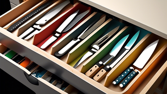 Create an image of a perfectly organized knife drawer with knives placed in designated slots or holders, separated by size and type. Add labels to each section to indicate the type of knife that belongs there. Include additional dividers or tools for