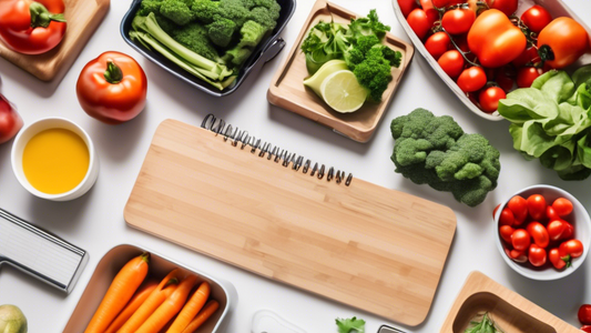 Create an image of a neatly organized kitchen counter with a variety of meal prep tools such as cutting boards, knives, measuring cups, containers, a meal planner notebook, and fresh ingredients like vegetables and fruits. This image should convey a 