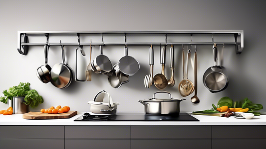 Create an image of a modern, sleek kitchen with a wall-mounted pot rack made of stainless steel. Show five different designs of pot racks, each showcasing their unique style and functionality in organizing kitchen essentials. The kitchen should have 
