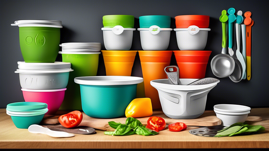 Create an image of a modern, eco-friendly kitchen scene with a focus on a set of BPA-free collapsible measuring cups. Show the measuring cups in use while preparing a meal, emphasizing their convenience and sustainability. Include fresh ingredients, 