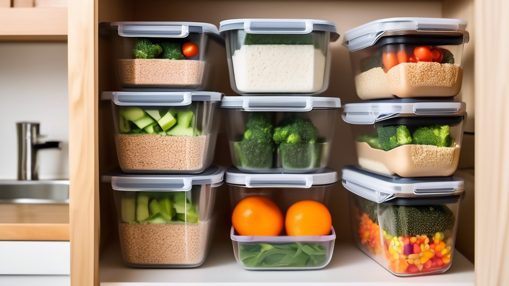 Create an image of a variety of stackable meal prep containers in different shapes and sizes, neatly organized in a kitchen cabinet or on a countertop. The containers should be clear, plastic, and show compartments for meal prepping, such as sections