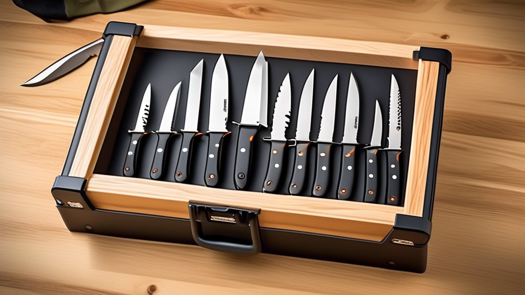 Create an image of a compact, portable camping knife storage solution that can hold and organize a variety of knives in a tidy and convenient manner. The image should showcase different types of knives, such as chef knives, utility knives, and pocket