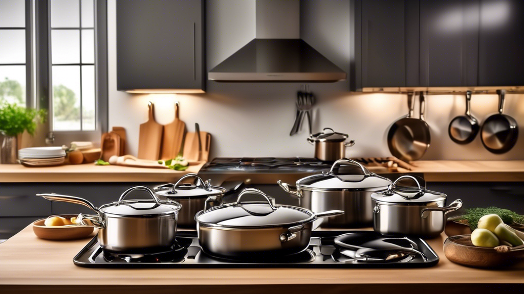 Create an image of a beautifully arranged kitchen countertop, featuring a high-quality stainless steel cookware set gleaming under the ambient lighting. Show the various pots, pans, and lids neatly organized, with a wooden spoon resting on the side. 